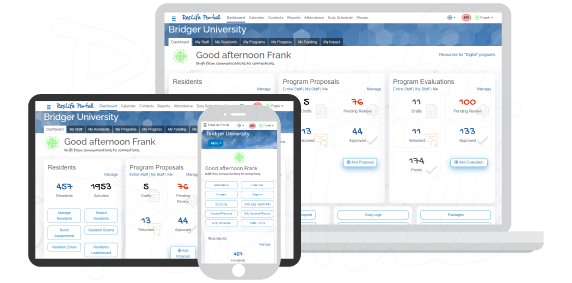 Mobile-friendly screen captures of ResLife Portal, showing ResLife Portal within an internet browser on a laptop, tablet, and mobile device