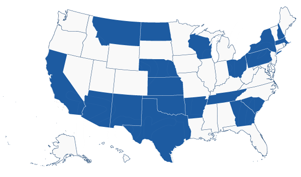 Map of the United States, color coded by states with ResLife Portal members